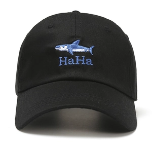 Classic black cotton baseball cap with shark and HaHa letter embroidery in front view