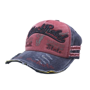 Vintage red and blue washed cotton baseball cap with Black Rebel 3D embroidery and distressed holes