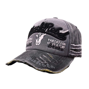 Vintage washed dark grey baseball cap with 3D Black Rebel embroidery and distressed details