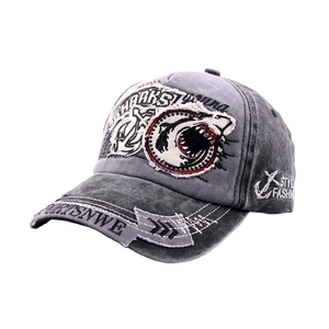 Distressed dark gray denim baseball cap with shark embroidery and washed finish