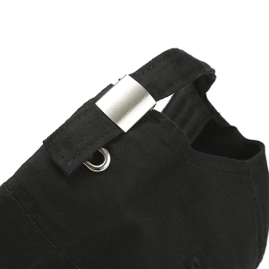 Detail of adjustable metal buckle and stitching on black cotton baseball cap