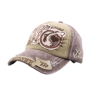 Vintage washed denim baseball cap with shark embroidery and distressed frayed brim