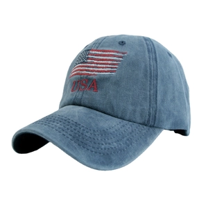 Vintage blue washed denim baseball cap featuring USA embroidery and American flag patch