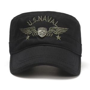 Casquette militaire plate noire avec broderie U.S. Naval et emblème en métal doré