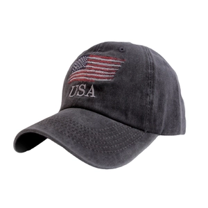 Vintage washed charcoal baseball cap with USA flag embroidery and classic sun protection