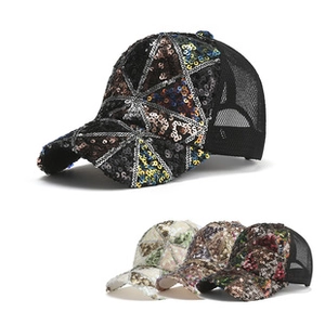 Detail of sequin patchwork mesh baseball caps in multiple colors for sun protection