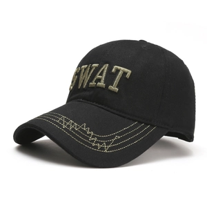 Black cotton baseball cap with SWAT 3D embroidery and camo stitching on the brim