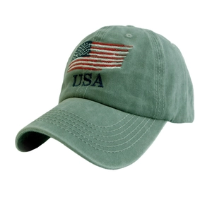 Vintage army green washed cotton baseball cap with embroidered USA flag for sun protection
