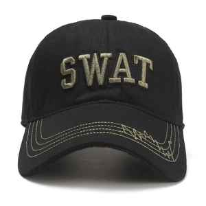 Black cotton baseball cap with olive green SWAT embroidery on a white background