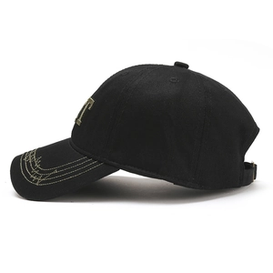 Black cotton baseball cap with 3D metallic T letter and contrast brim stitching