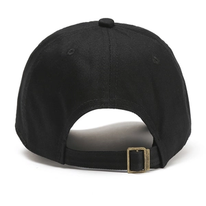 Detail view of cotton camouflage baseball cap back with bronze metal adjustable buckle