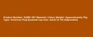 Detailed specifications for cotton American flag baseball cap with adjustable adult sizing