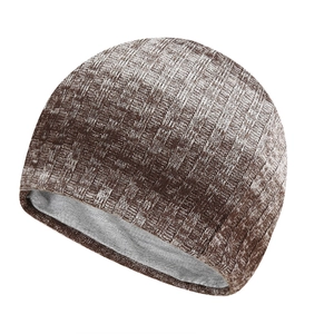 Brown and white marl effect ribbed knit beanie with soft grey lining for winter