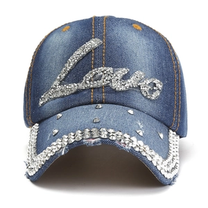 Casquette de baseball en jean pour femme avec lettrage Love en strass et rivets