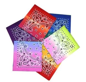 Macro view of colorful gradient paisley bandana set in diverse vibrant cotton patterns