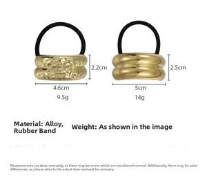 Detailed size chart for geometric gold hair ties with hammer texture and smooth finish