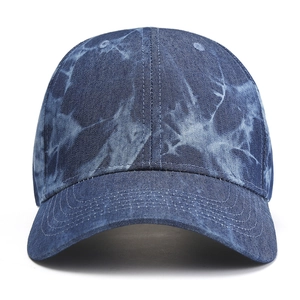 Deep blue tie-dye denim baseball cap for adults featuring a classic six-panel washed pattern
