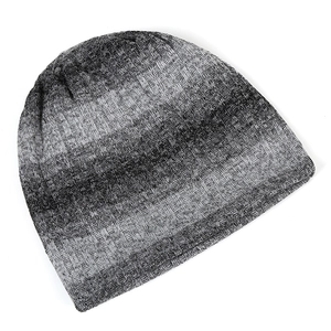 Close-up of space-dye ribbed knit texture on a gray beanie showing detailed yarn weaving