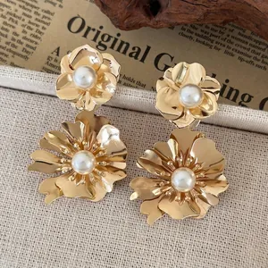 French Vintage Gold Alloy Flower Drop Earrings With Simulated Artificial Pearl Layered Floral Jewelry For Women Wedding Party