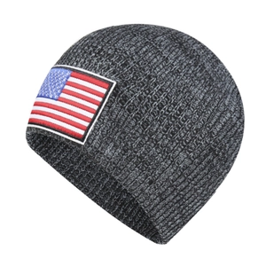 Winter knit beanie featuring US flag embroidery in dark grey marl ribbed fabric