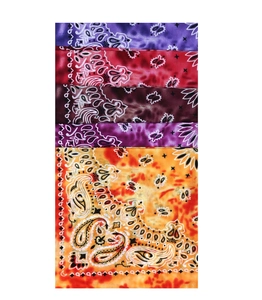 Detail showing various paisley patterns on cotton tie-dye bandanas in diverse color sets