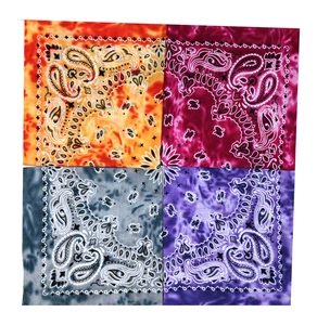 Set of four cotton paisley tie-dye bandanas in vibrant orange, purple, grey, and violet