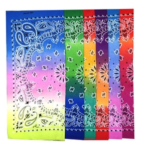 Close-up showing 100% cotton material and paisley patterns on gradient bandanas