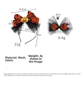 Detailed size specifications for Halloween pumpkin headband and spider bow hair clip set