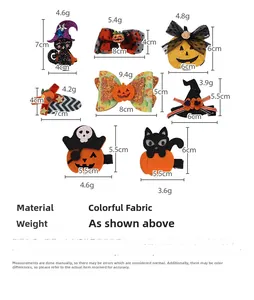 Detailed size specifications for Halloween hair clips with cat, pumpkin and bat motifs