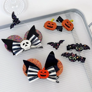 Halloween kids hair bow set with glitter pumpkin and bat sequin clips for party cosplay