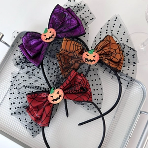 Halloween headband set with spider web bows, orange pumpkins, and black polka dot mesh veils