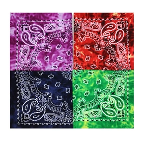 Set of 4 tie-dye cotton bandanas with white paisley patterns in purple red blue and green