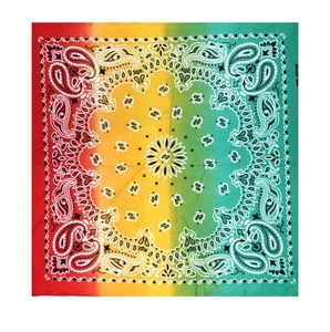 Detail of rainbow gradient paisley square scarf made from 100% cotton fabric