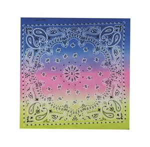 Flat lay of 100% cotton square bandana featuring a colorful paisley gradient design
