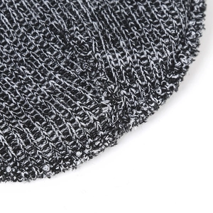Detailed macro view of gray and white marl knit texture on winter beanie hat fabric