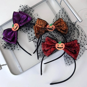 Halloween headband set with spider web bow and glitter pumpkin in purple orange and red