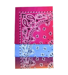 Vertical stack showing three colorful paisley patterns on square bandanas in a detail view