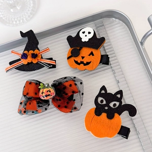Detailed set of 4 Halloween hair clips featuring ghost, pumpkin, and witch hat designs