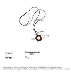 Detailed view of camel bone pendant necklace with dimensions and black wax rope texture