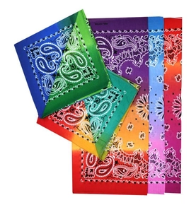 Macro shot of 100% cotton paisley bandanas showing colorful gradient patterns and textures