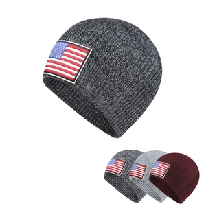 American Flag Embroidered Knit Beanie Winter Warm Ribbed Cuff Hat For Men Women Outdoor Skiing USA Flag Patch Skull Cap