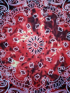 Detail of red tie-dye paisley cotton bandana featuring symmetrical bohemian patterns