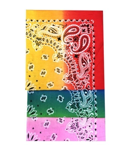 Detailed view of three paisley square bandanas in vibrant red, green, and pink gradients
