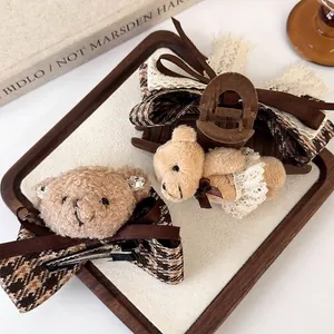 Cartoon plush bear hair claw and plaid bow clip set in a warm brown autumn theme