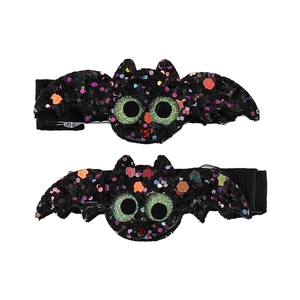 Set of 2 Halloween bat hair clips with colorful sequins and green eyes for party cosplay