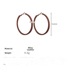 Detailed size chart for 5.2cm brown leather large hoop earrings with 9.6g weight info
