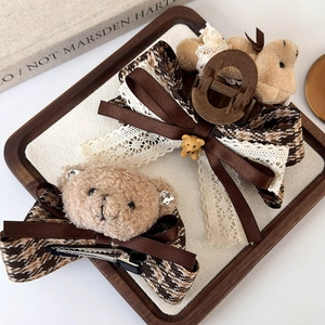 Vintage brown bow hair clips set with cute plush bear and checkered fabric accents