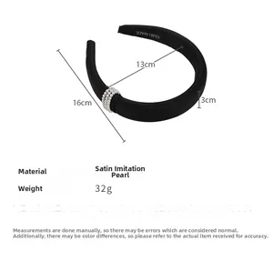 Detailed dimensions of a black satin padded headband with faux pearl ring embellishments