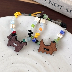 Bracelets faits main en perles de verre avec pendentifs chien et chat en bois