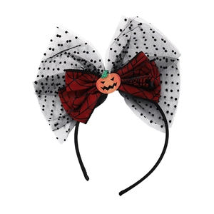 Halloween headband with black mesh bow, spider web pattern and cute orange glitter pumpkin